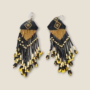 Handcrafted Black & Gold Beaded Fringe Earrings With Tribal Diamond Pattern